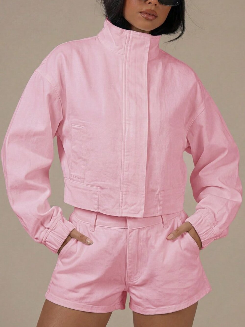 Pink Casual Women's Denim High Neck Sleeve Zip-Through Jacket
